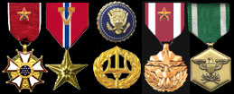 Legion of Merit w/Gold Star in leiu of second award; Bronze Star with combat "V" for Valor; Top: White House Service Badge; Bottom; Command Ashore Badge; Meritorious Service with Gold Star; Navy Commendation Medal