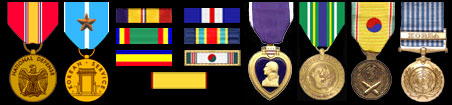 National Defense Service Medal; Korean Service Medal w/1 star; Combat Action ribbon; Naval Unit Citation; Presidential Unit Citation; Marine Security Guard; Fleet Marine Force; Presidential Unit Citation/Korea; Marine Reserve; Purple Heart; Korean Defense Service Medal; Korean Service Medal; United Nations Service Medal/Korea